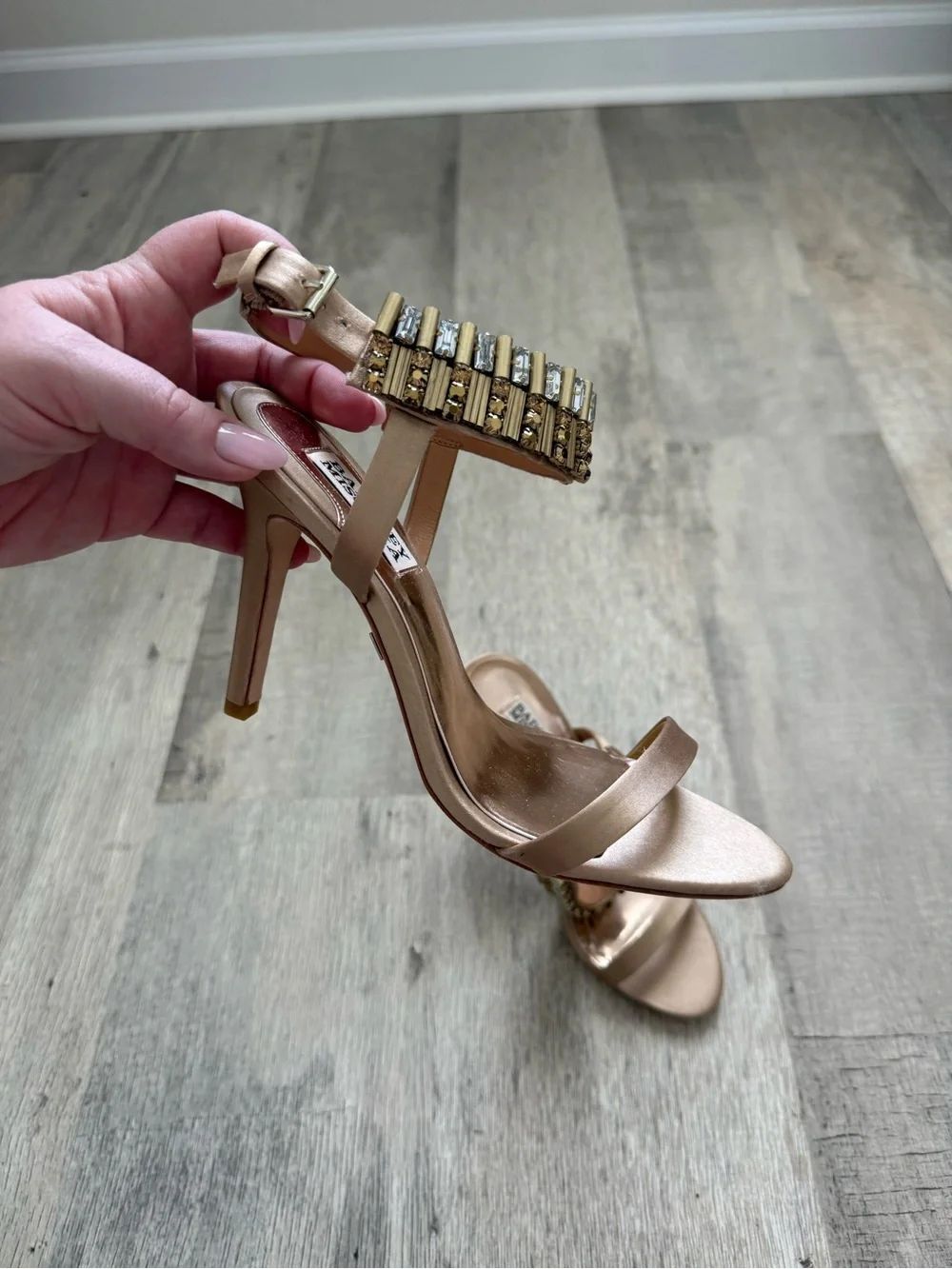 EmbellishedβSatin High Heel Sandal in Rose Gold
